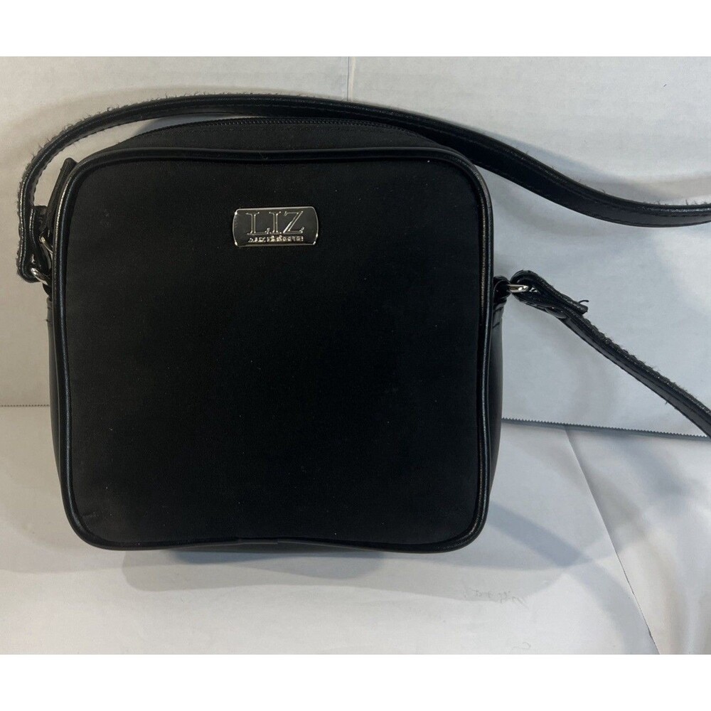 Liz Claiborne Small Black Crossbody Bag Polyester PVC Silver Tone Logo